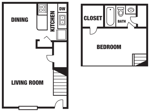 Floor plan for 1 bed, 1 bath, 832 sqft